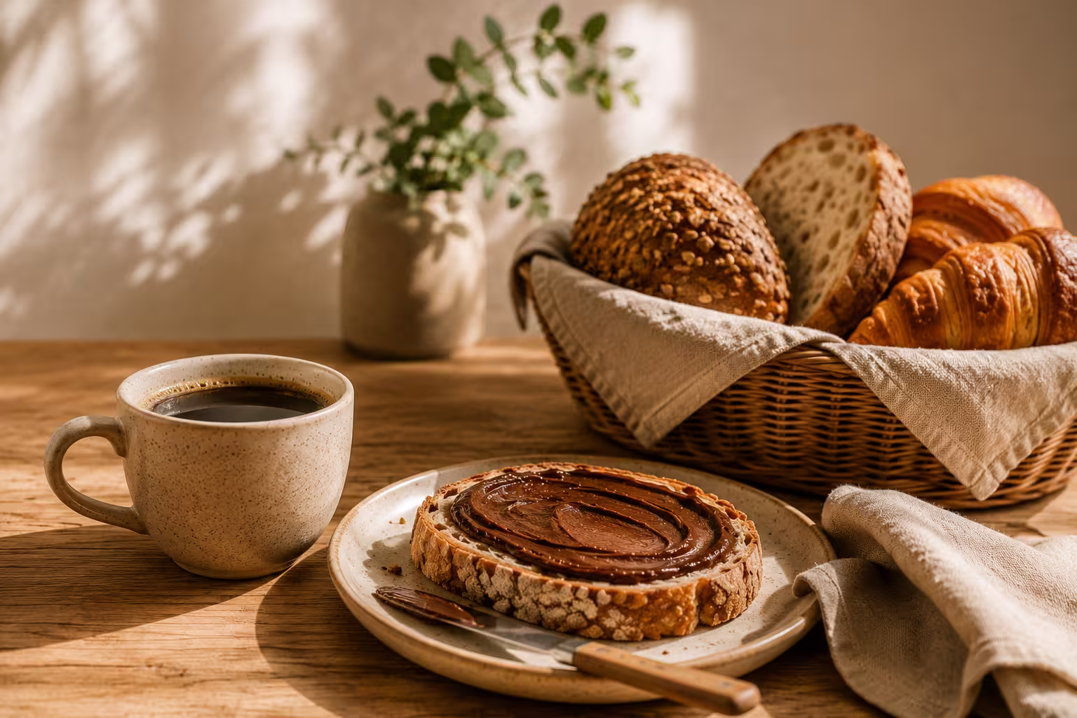 Breakfast table with artisan bread, croissants and coffee, served in a warm and inviting brunch setting.